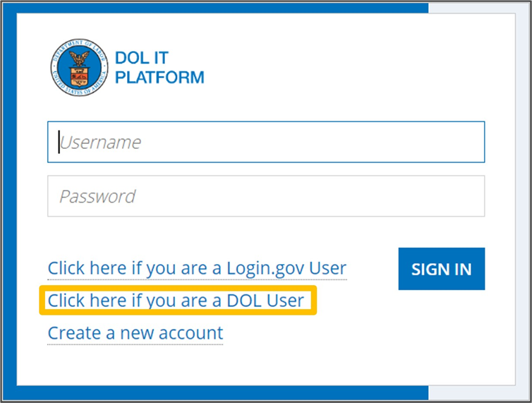 DOL Sign in screen with 'Click here if you are a DOL User' highlighted