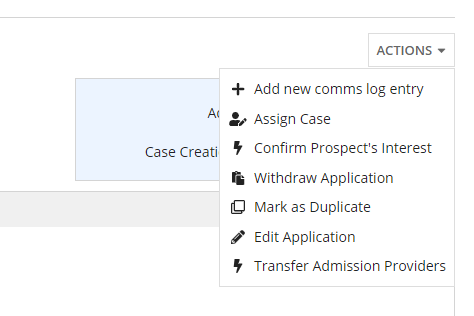 Actions Menu dropdown for a prospect