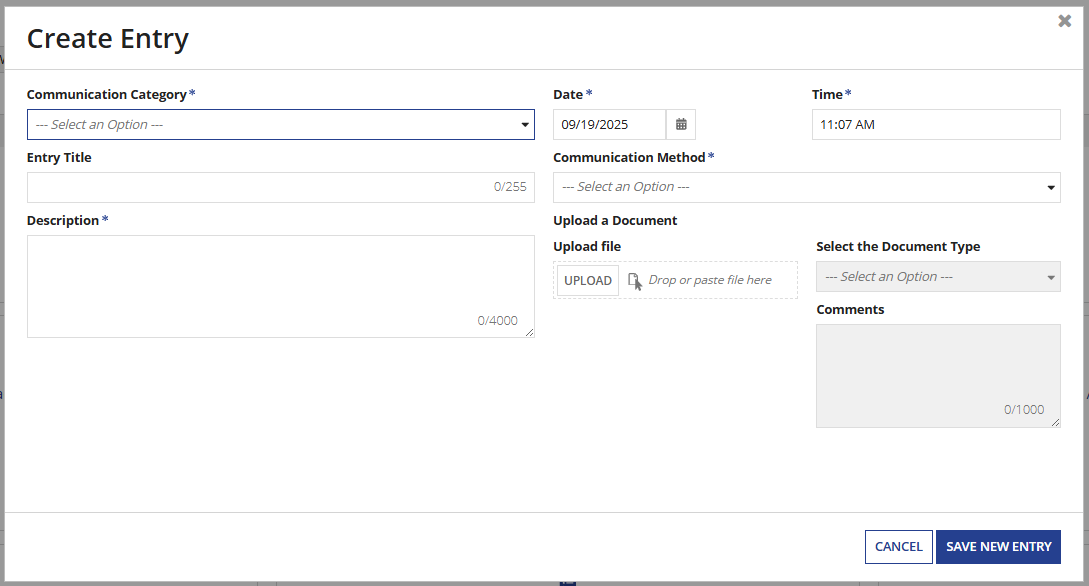 Create a Communications Log Entry pop up