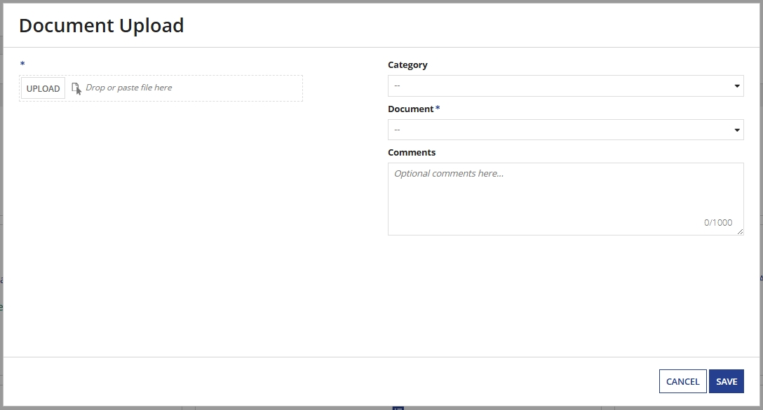 Document Upload pop-up 