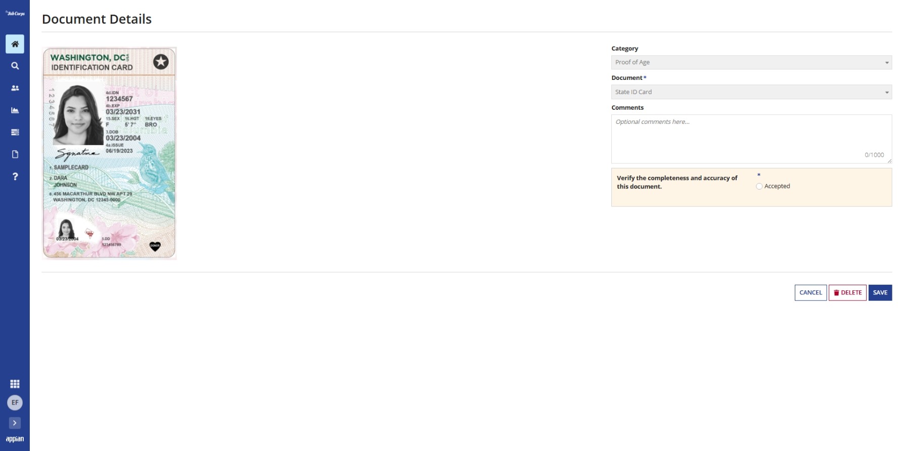 Document details in Gateway showing an ID