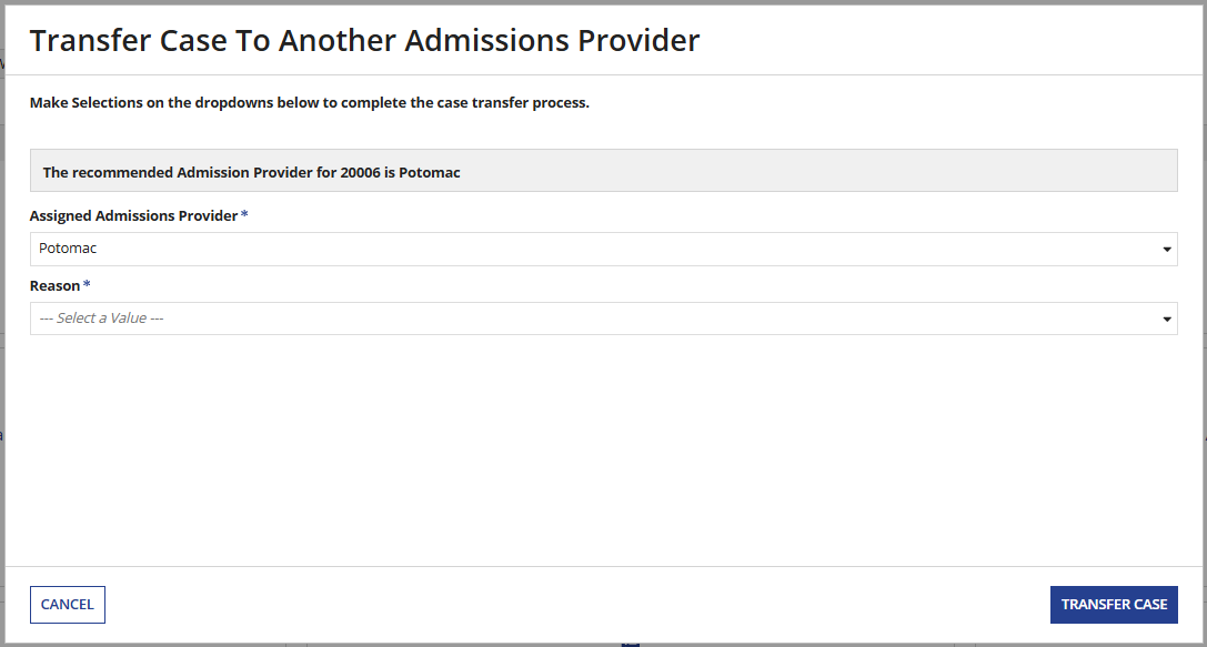 Transfer Case to Another Admissions Provider in Gateway