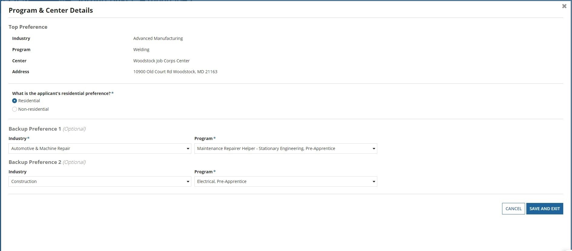 Selecting backup preferences for training programs in Gateway