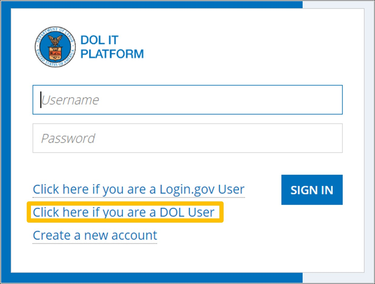 A screenshot of the DOL Sign-In Pop-Up with the “Click here if you are a DOL User” link circled in yellow.