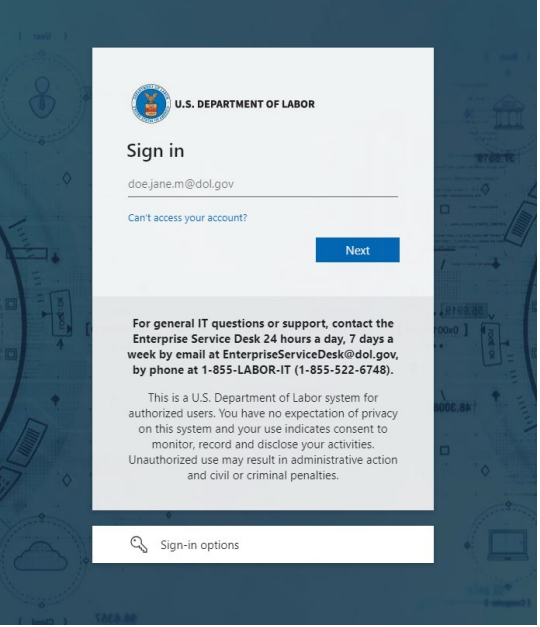 A screenshot of the DOL user login page.