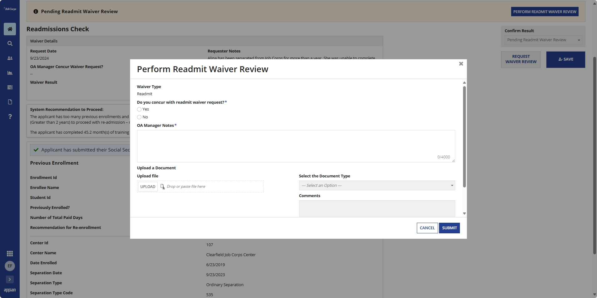 Perform Readmit Waiver Review pop up for OAM Concurance