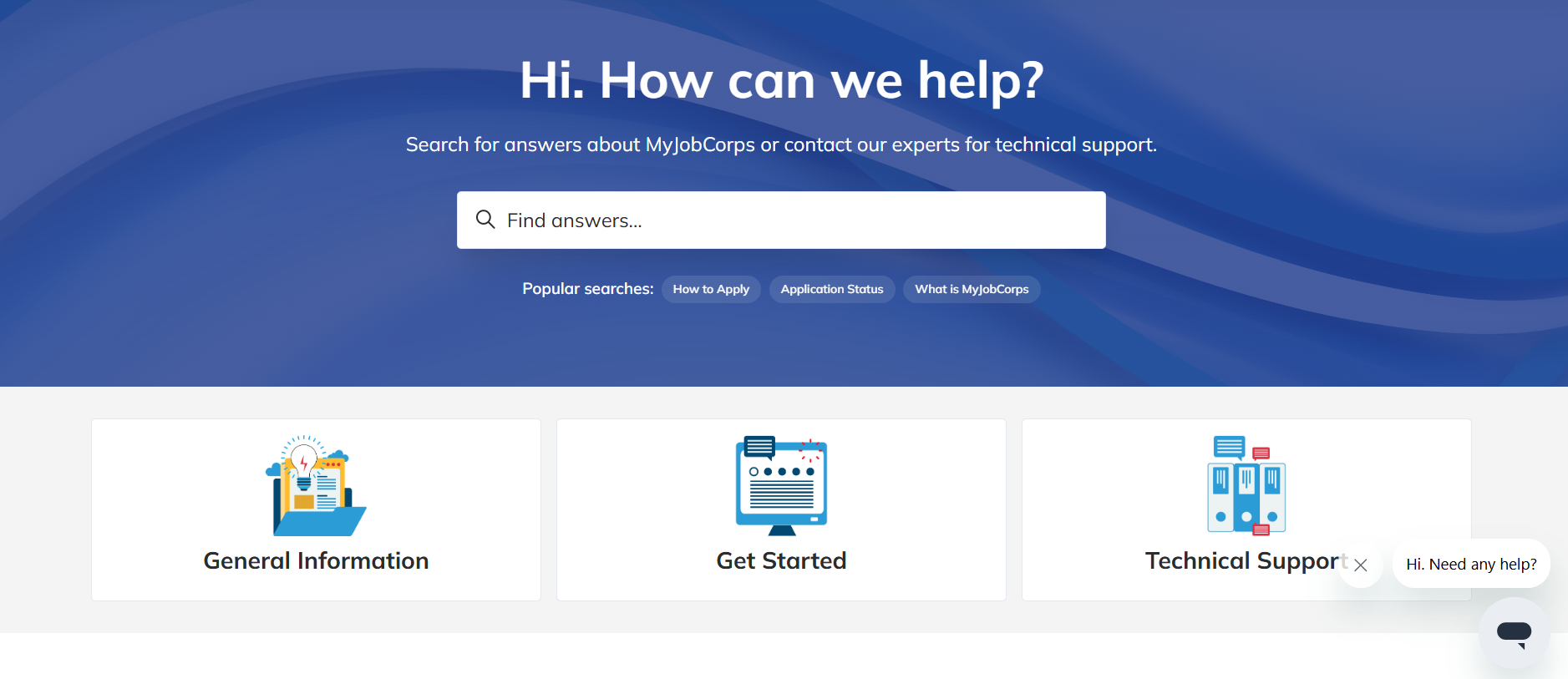 Applicant Help Center home screen tabs: General Information, Get Started, and Technical Support