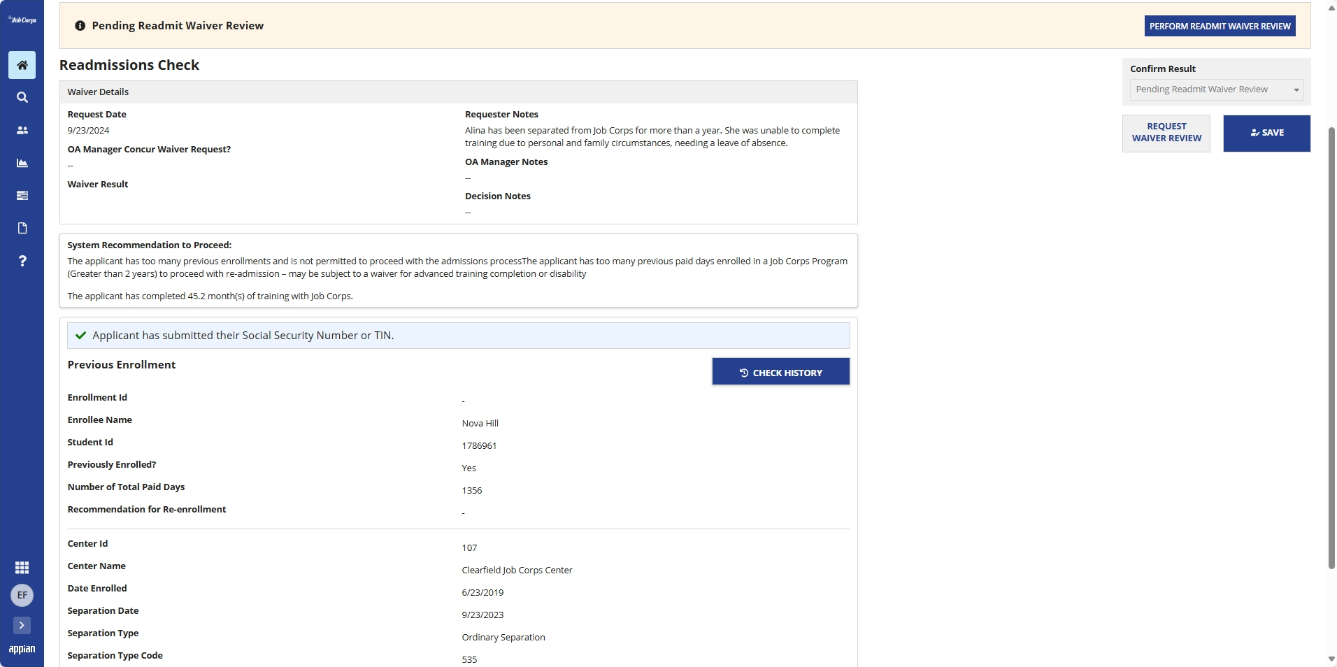 Completed Readmissions Check showing a waiver is needed for an applicant