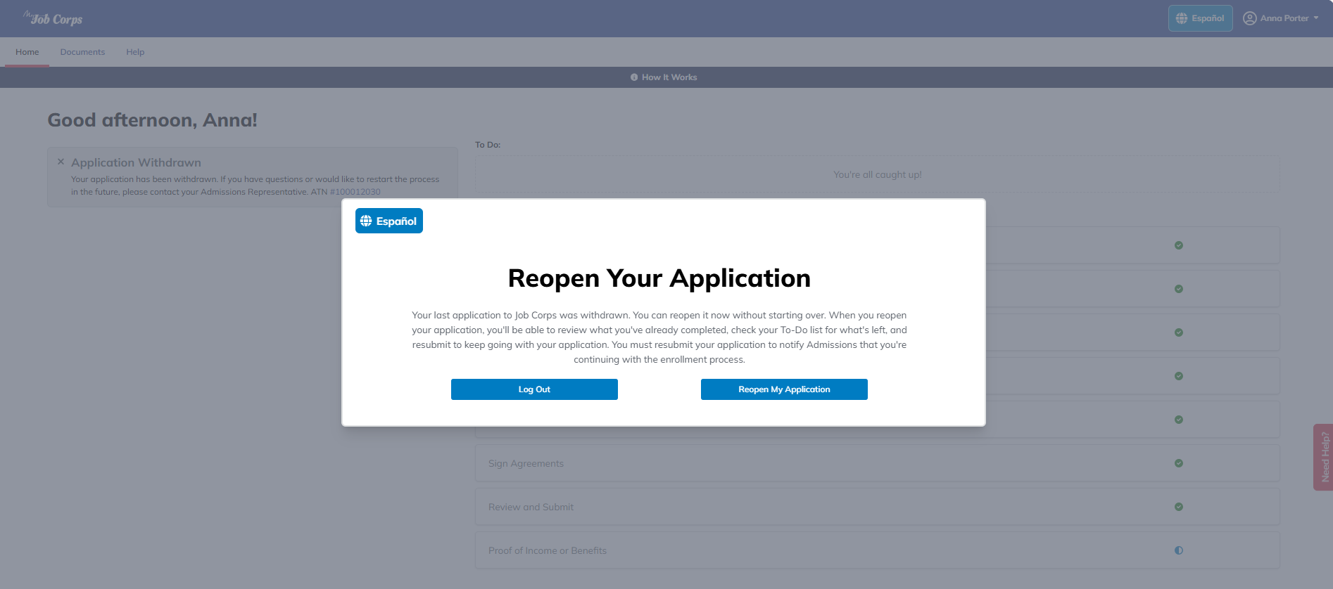 Reopen withdrawn application in Portal