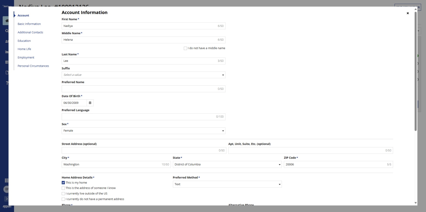 Edit an Application showing Account Information