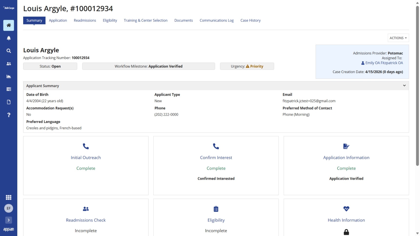 Applicant Case Summary tab
