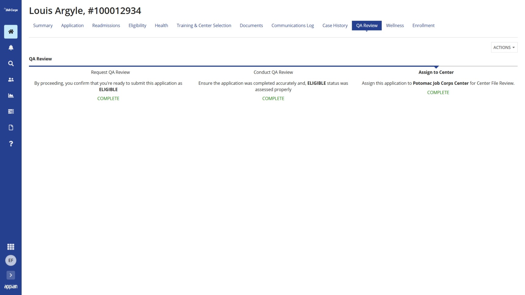 QA Review complete for eligible applicant