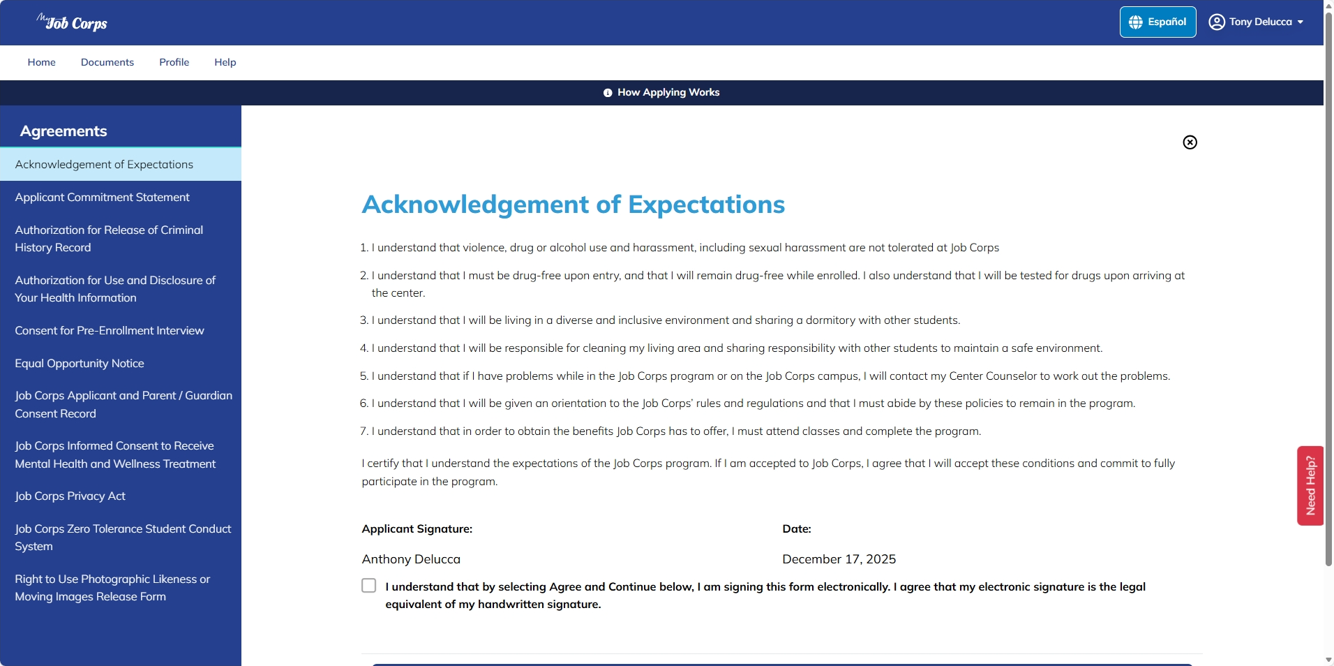 Agreements in Portal showing Acknowledgement of Expectations