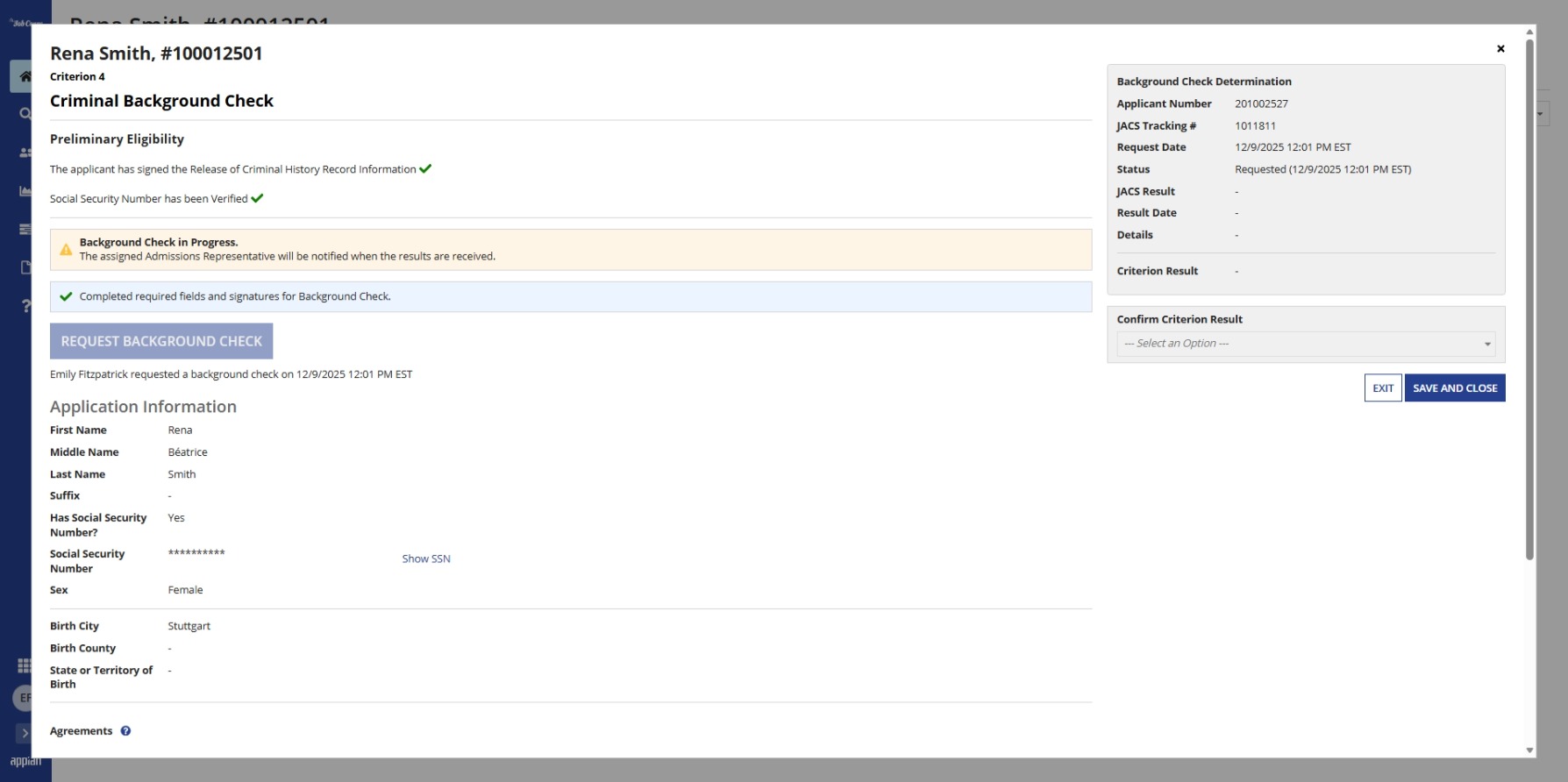 Background Check in Progress displayed for Eligibility Criterion 4