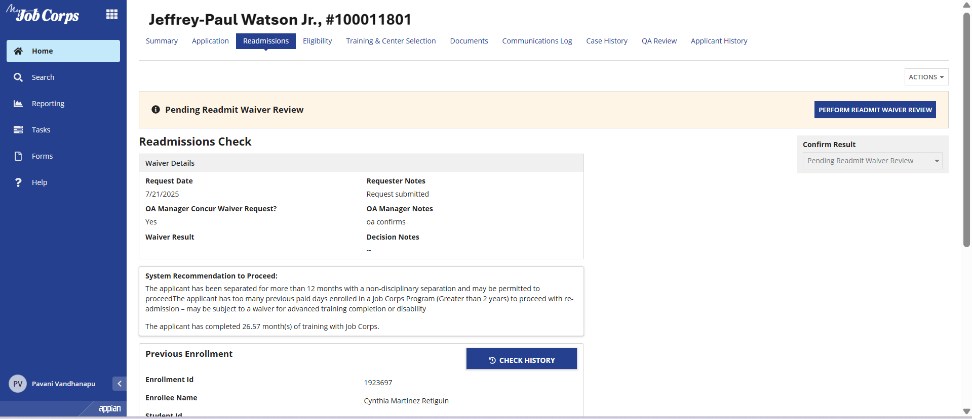 Case view of waiver request for Regional Director