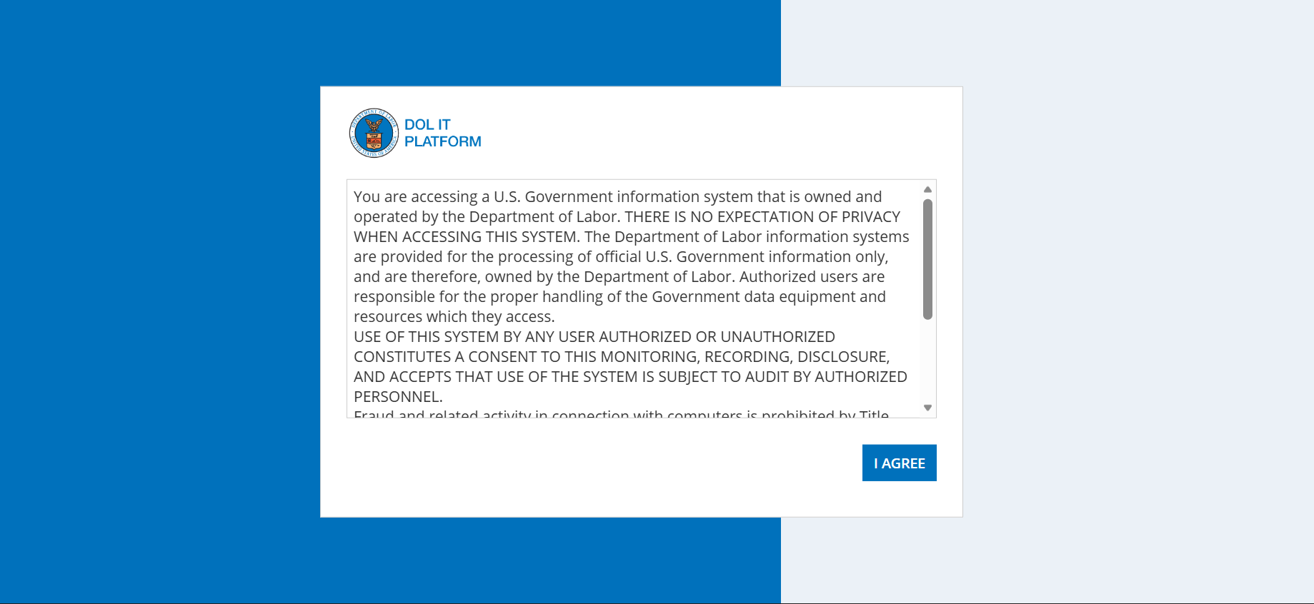 DOL IT Platform authorization message