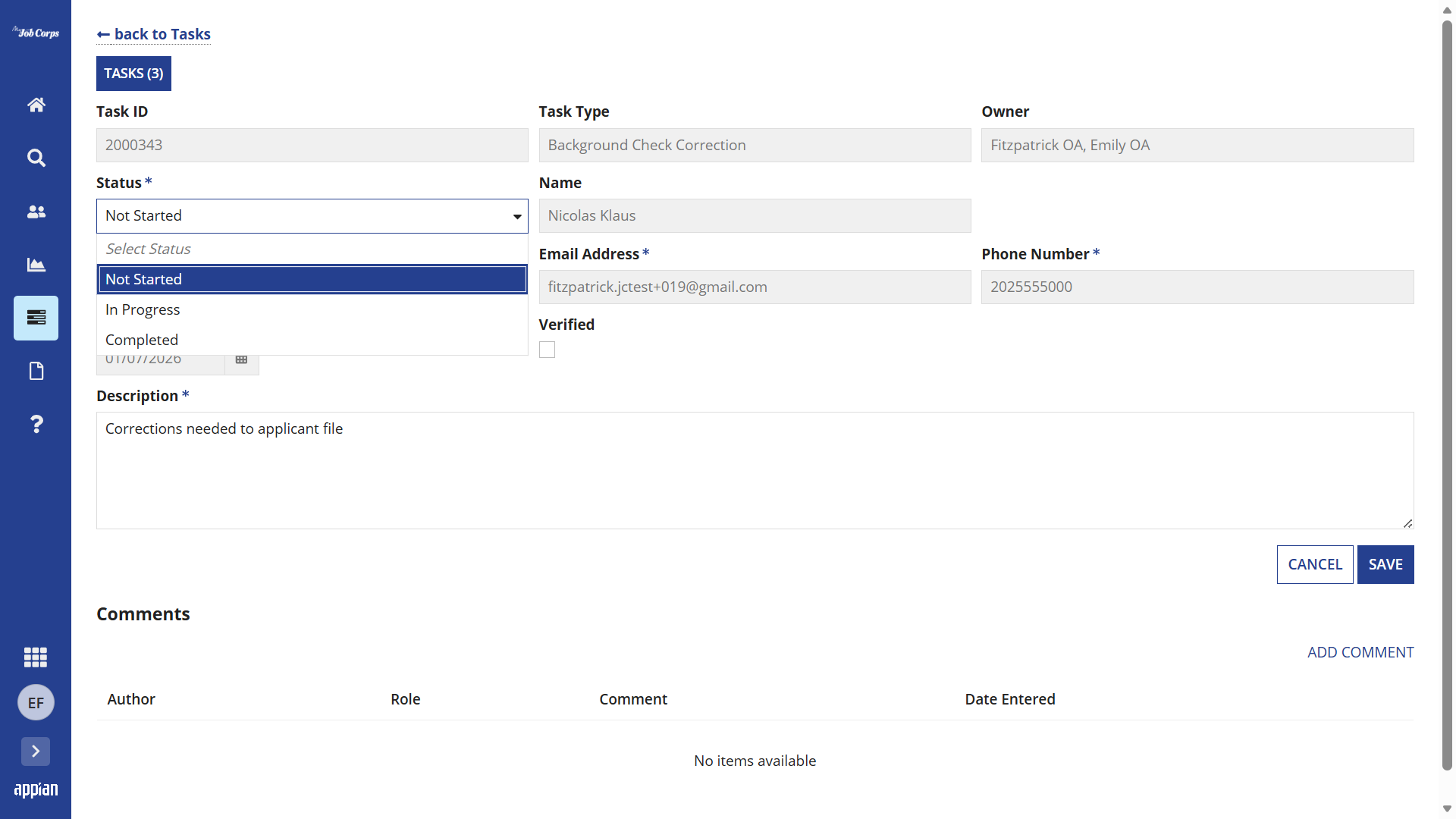 Task view showing how to edit the task status
