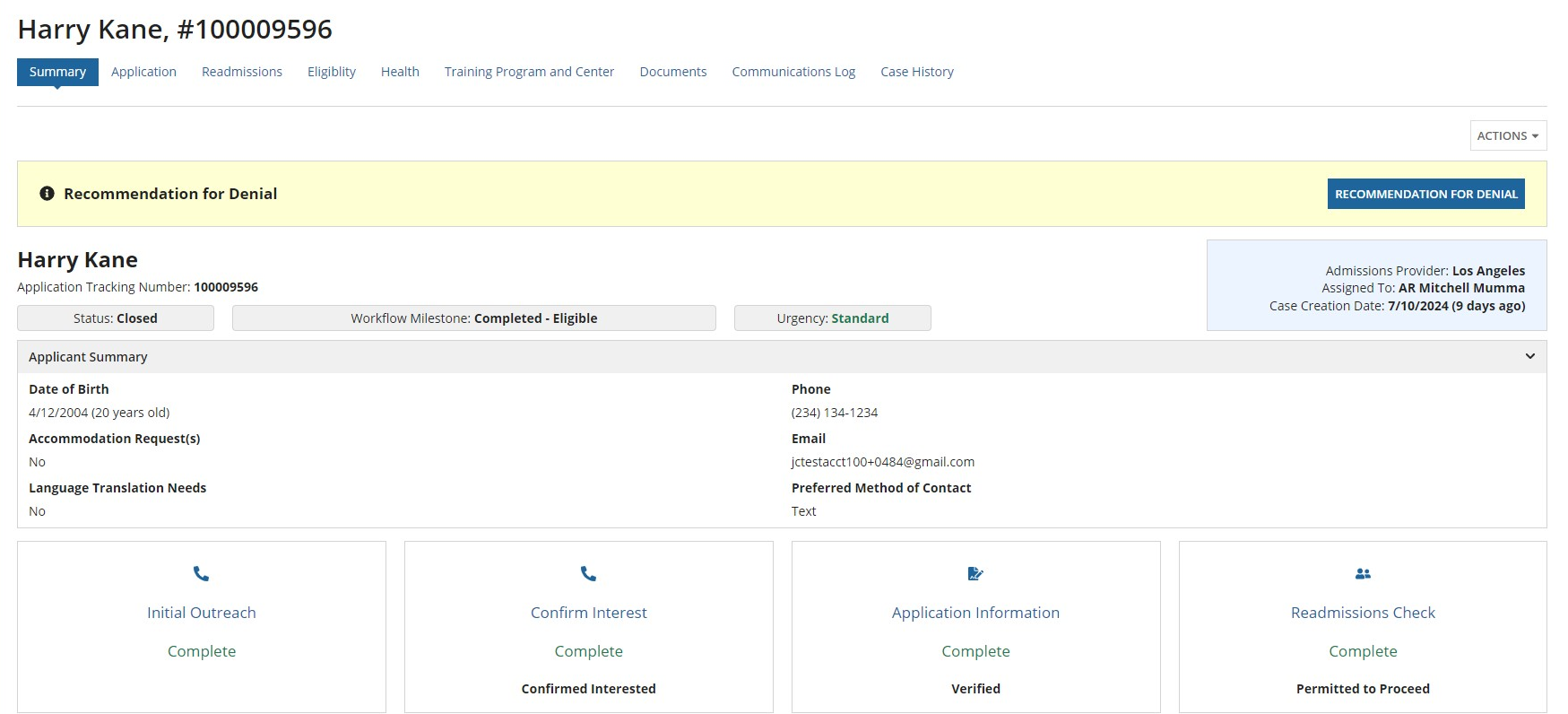 Applicant Summary tab displaying RD Rec for Denial