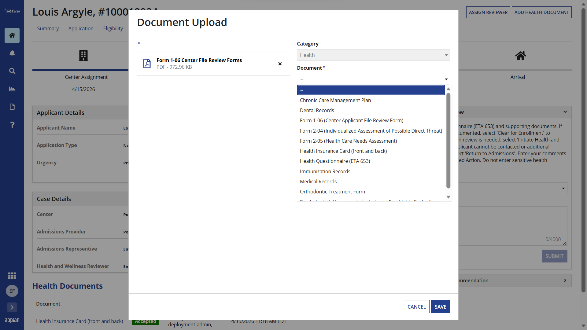 Upload Health Document for HWR