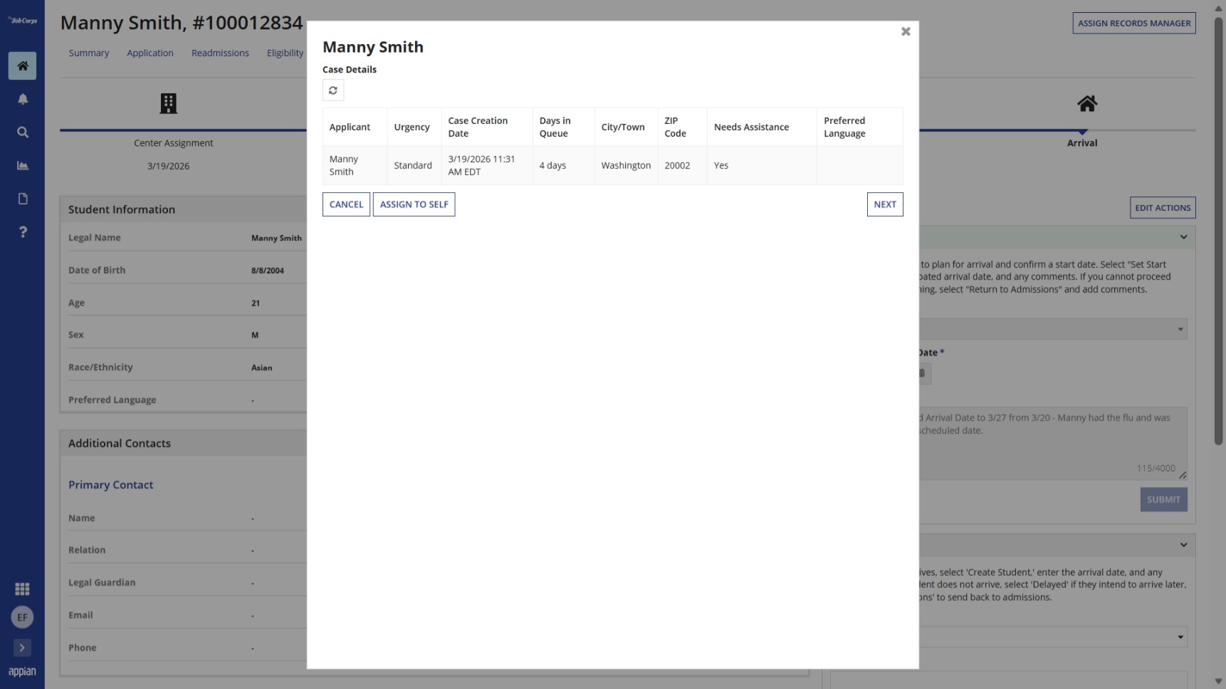CRM case assignment pop up screen