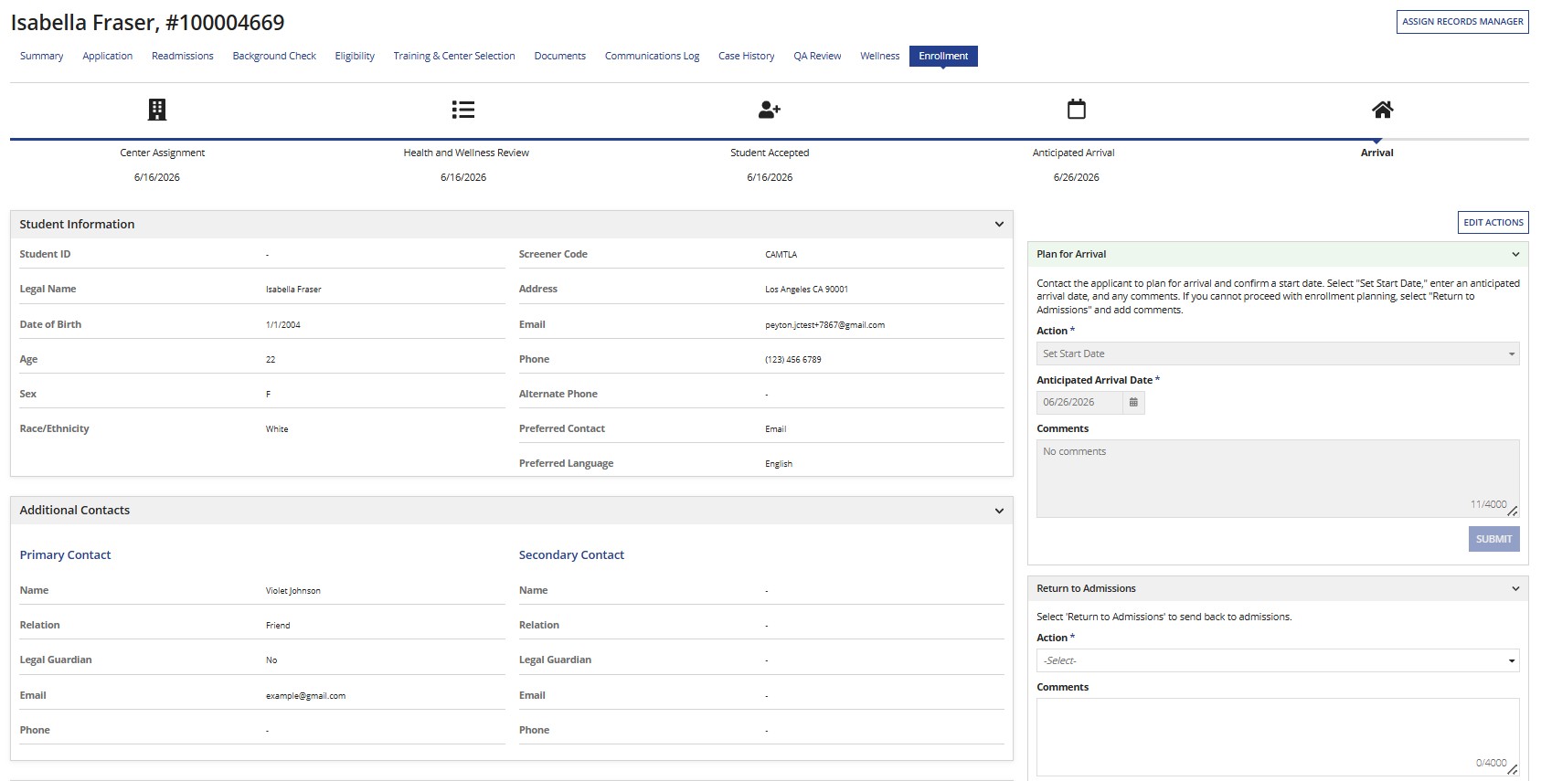 CRM Plan for Arrival section completed displaying a date and comment