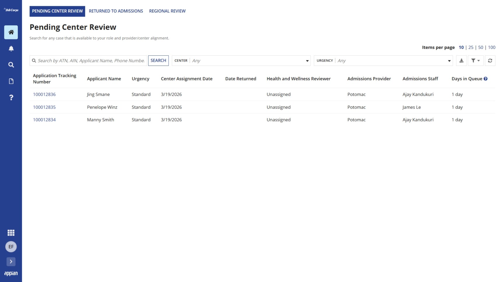 CRM Home view showing Pending Center Review tab