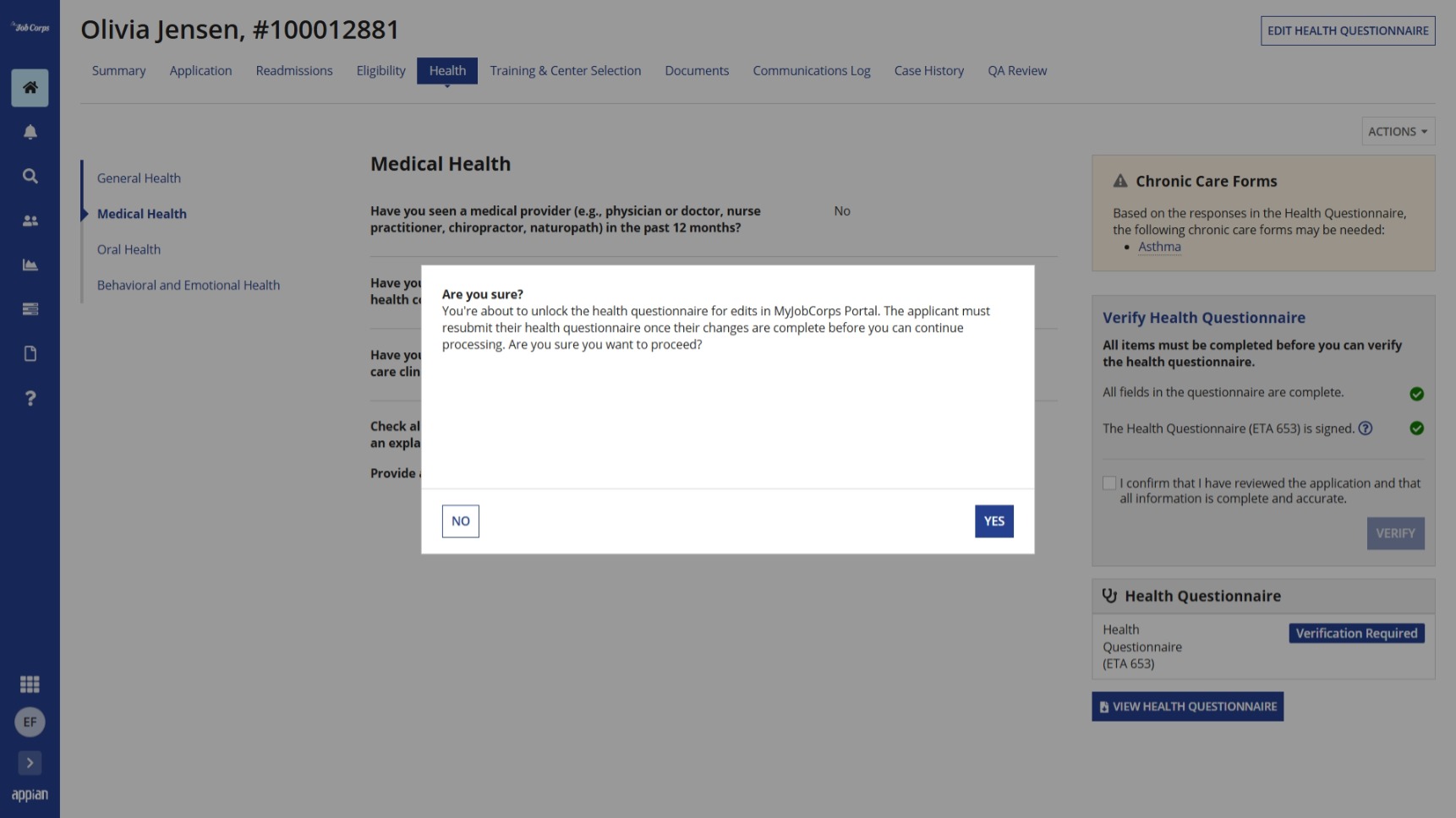 Unlock Health Questionnaire in Portal confirmation popup 