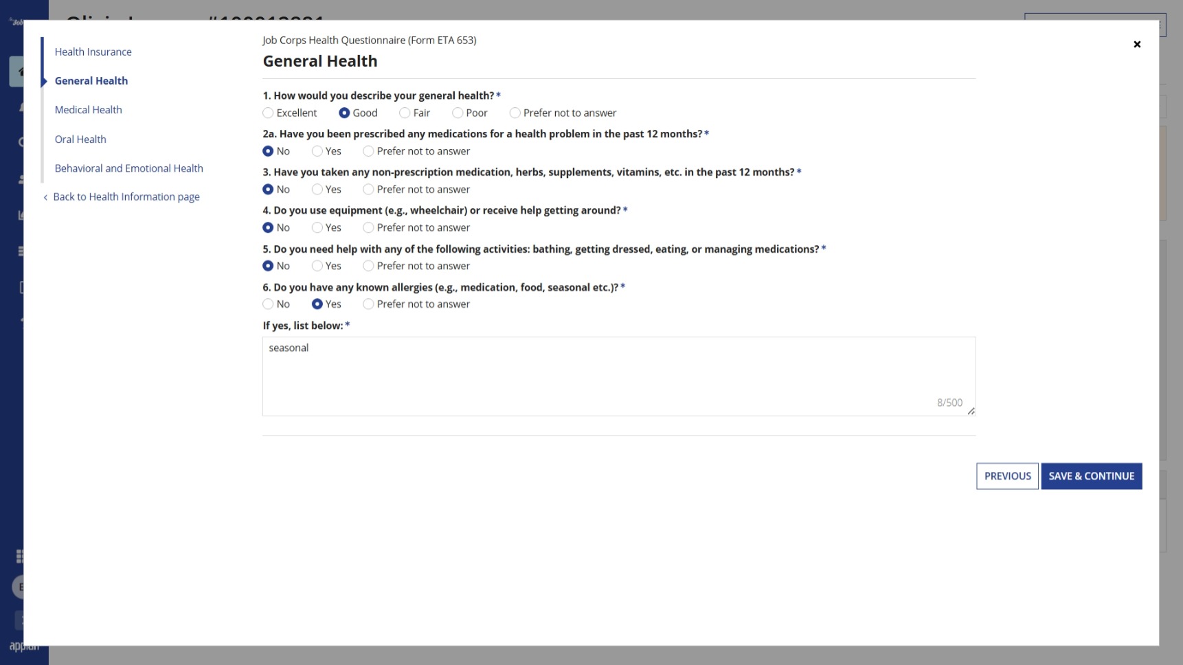Edit Health Questionnaire popup