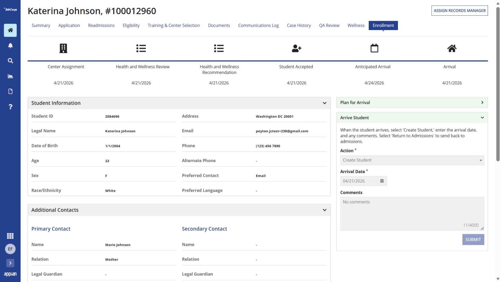 Enrollment tab for a created student