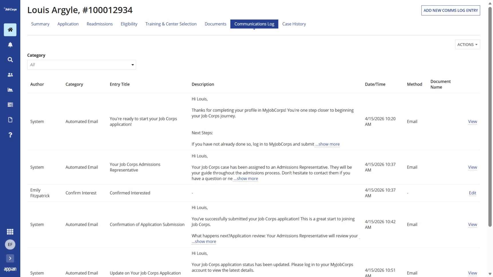 Communications Log tab in an applicant's case