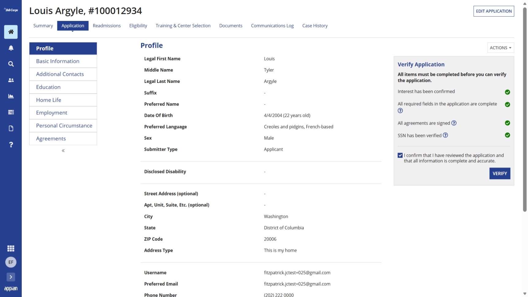 Application tab showing Verification completed