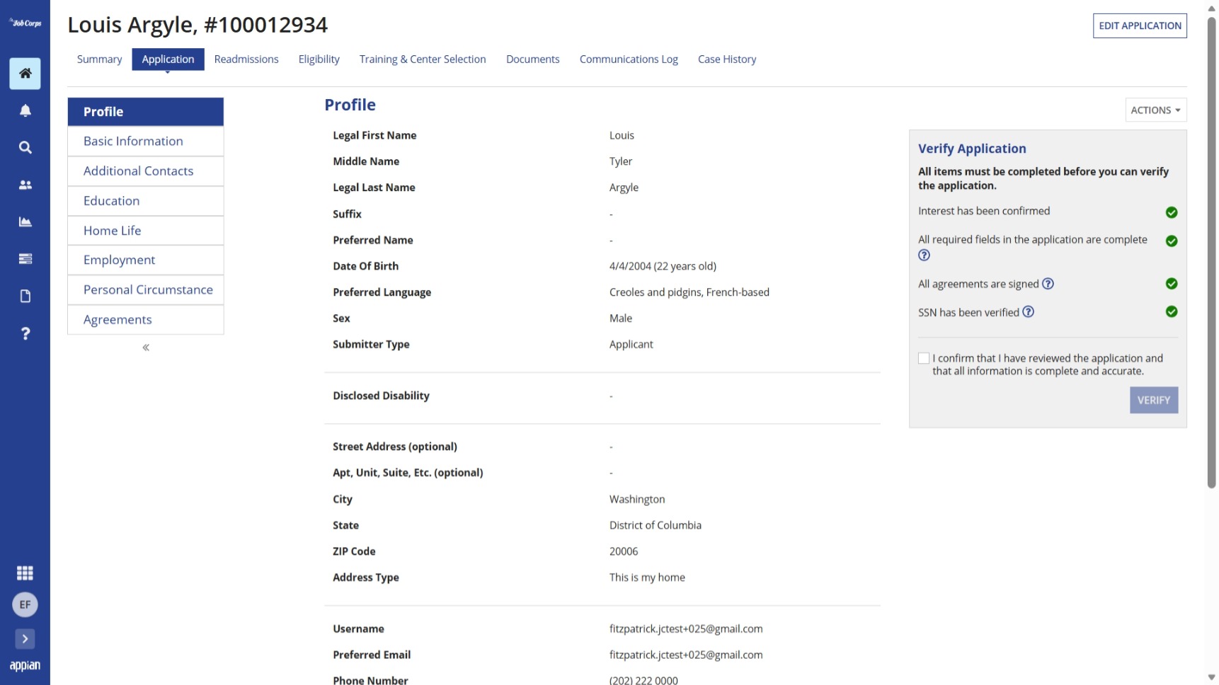 Application tab showing verification checklist