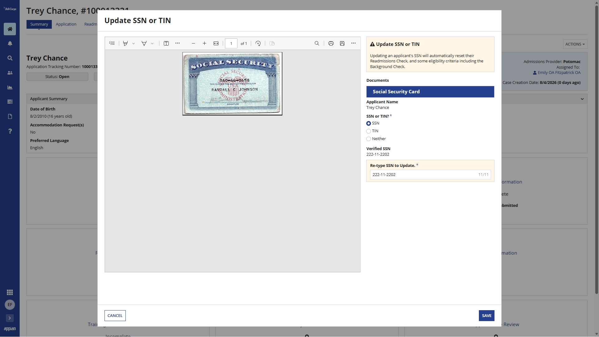 Update applicant SSN popup in Gateway