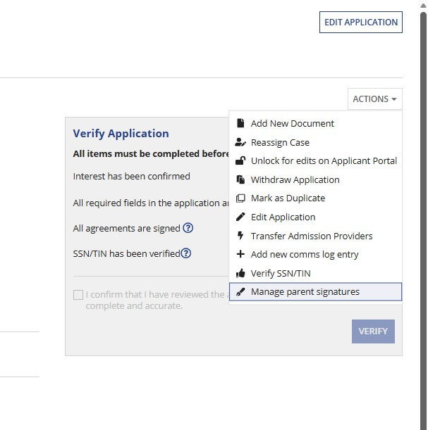 Actions menu showing Manage parent signatures