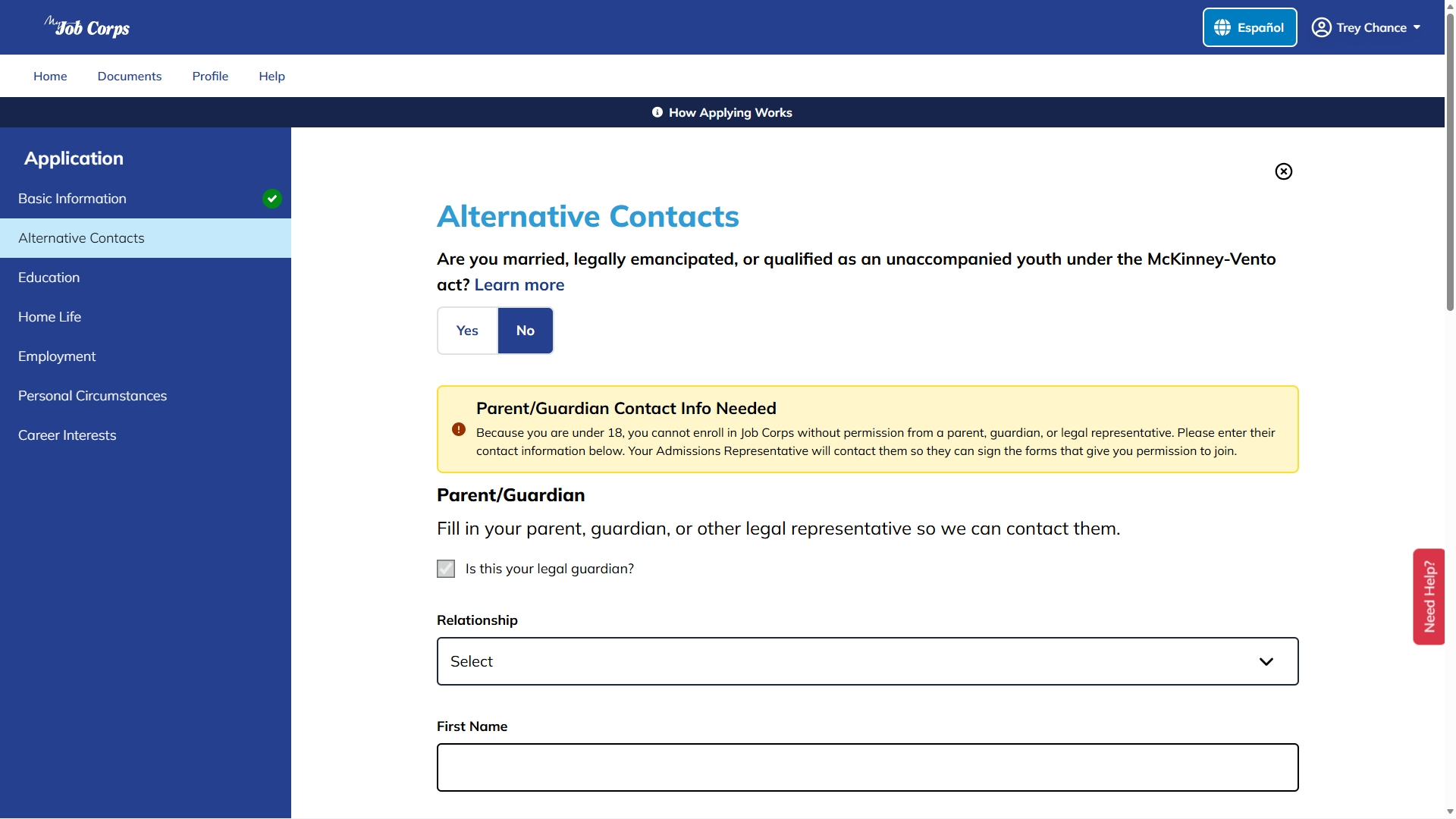 Additional Contacts for unemancipated Minor in Portal