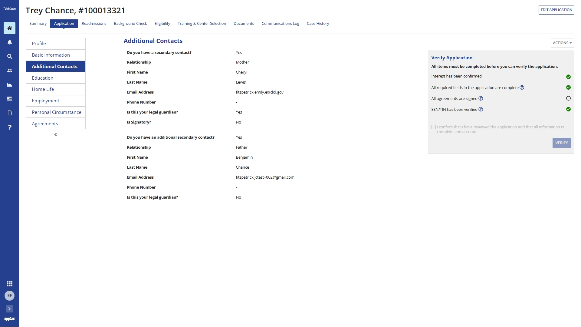 Additional Contacts on Application tab