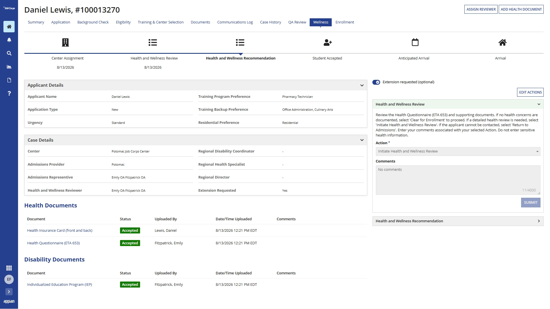 Wellness tab displaying Extension Requested and an Action recorded