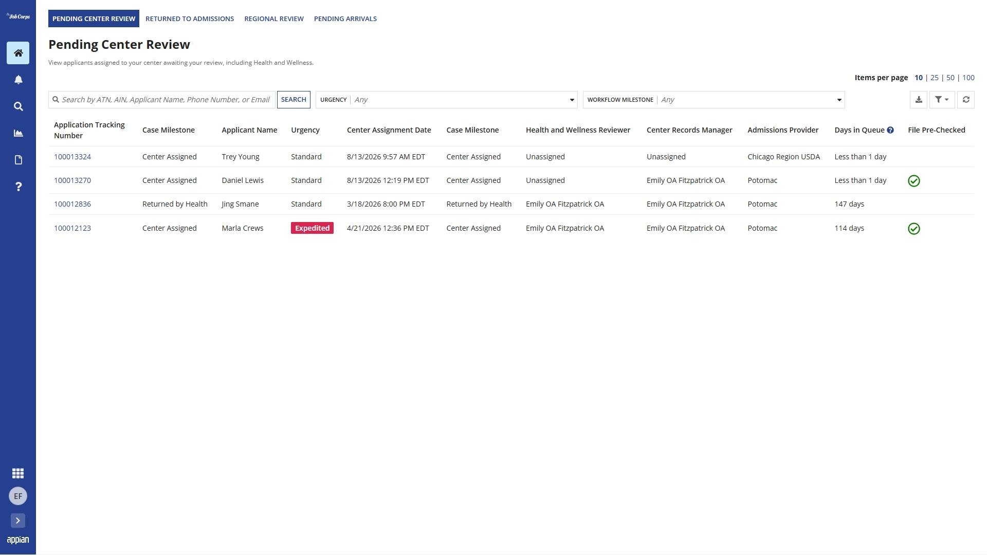 Pending Center Review tab of the CRM Home view