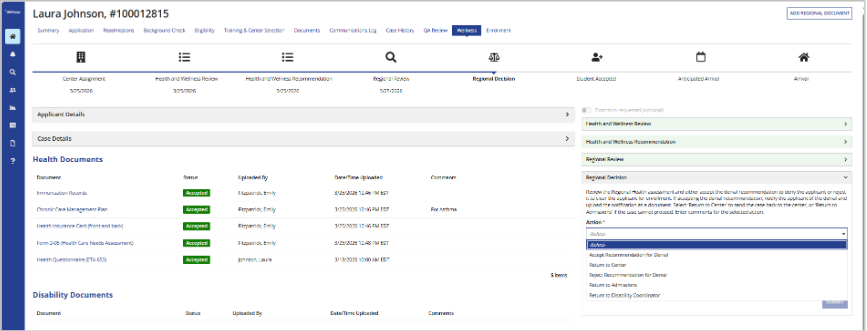 Screenshot of the MyJobCorps Wellness tab showing health and disability document statuses for Laura Johnson. The dashboard includes sections for document types, uploaders, timestamps, and approval statuses with green "Accepted" labels, alongside regional decision options and comments.