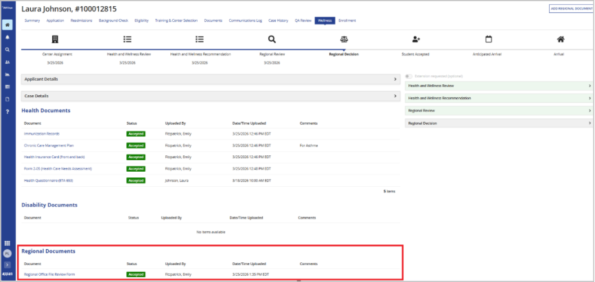 Screenshot of the MyJobCorps Wellness tab for an applicant named Laura Johnson. The interface includes sections for Health Documents, Disability Documents, and Regional Documents, with details such as document names, status (all marked as "Accepted"), uploaders, and upload dates, highlighted by a red box around the Regional Documents section.