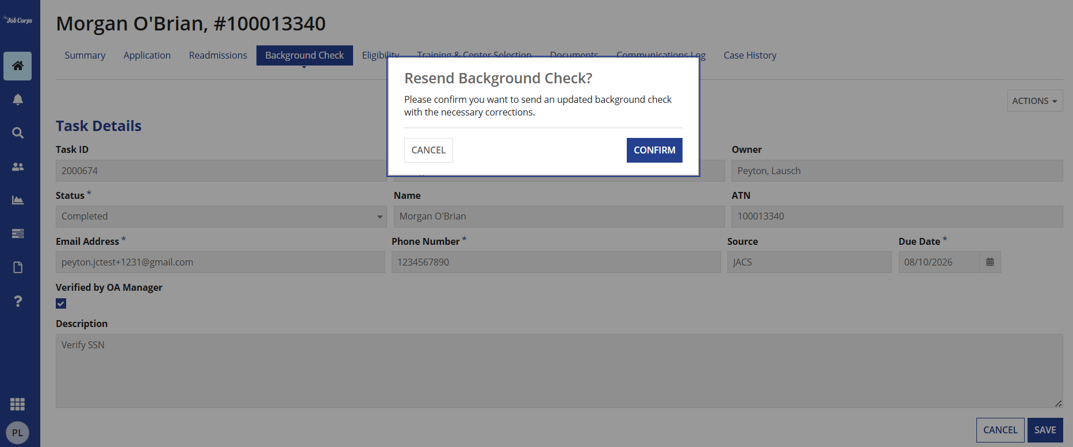 OA Manager confirming Background Check Corrections Task and resending Background Check request
